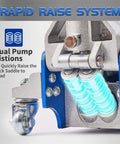 Close-up of Low Profile 2 Ton Floor Jack With Dual Pump System For Quick Lift, Hydraulic Aluminum and Steel, showing pistons.