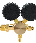 Front view of a solid brass dual range nitrogen regulator for pros with 0-800 psi and 0-4000 psi output, CGA580 inlet connector.