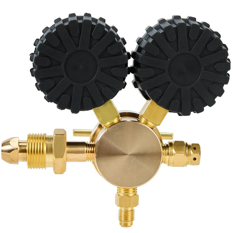 Front view of a solid brass dual range nitrogen regulator for pros with 0-800 psi and 0-4000 psi output, CGA580 inlet connector.