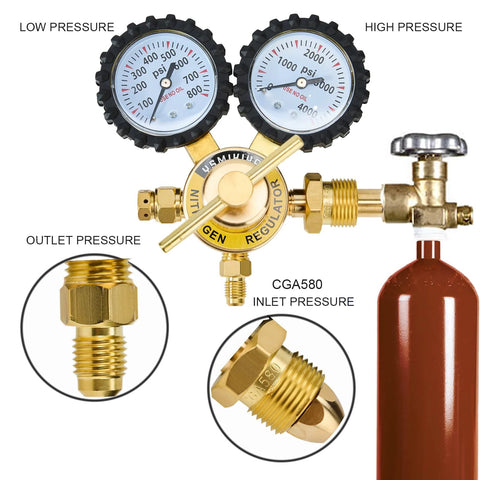 Dual Range Nitrogen Regulator For Pros With 0-800 Psi And 0-4000 Psi Output, CGA580 Inlet Connector, Solid Brass Body