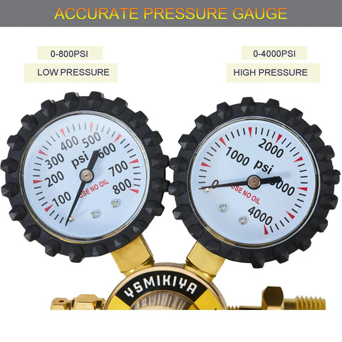 Close-up of dual pressure gauges, 0-800 PSI and 0-4000 PSI, on a Dual Range Nitrogen Regulator For Pros with CGA580 inlet connector, YSmikiya.