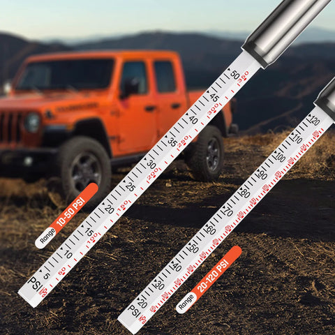Pencil Tire Pressure Gauge 2 Pack With 16 Tire Caps Calibrated To ANSI B40.1 Grade B(2%), close-up view, off-road vehicle in background.