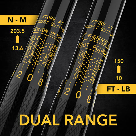 Click Torque Wrench, Half Inch Drive, 10 To 150 Foot Pounds And 13.6 To 203.5 Newton Meters, Pre Calibrated To Four Percent Accuracy, scale view