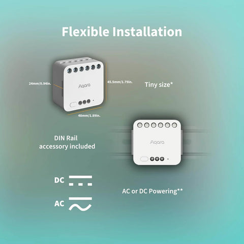 Front and side view of Dual Relay Module T2 Smart Relay Switch for garage doors and boilers, includes DIN Rail and AC/DC powering options.