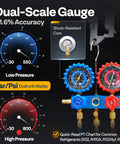 Dual-scale gauge of Sparkproof 110V HVAC Vacuum Pump and AC Manifold Gauge Kit for R32, R410a, R1234yf, R134a systems.