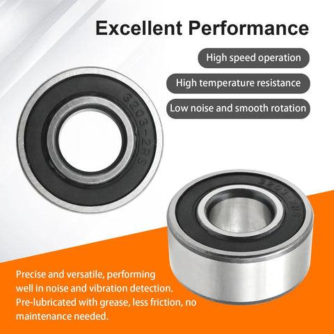 Dual-Seal Angular Contact Ball Bearing 3203 2RS Chrome Steel, 2 Pack, emphasizes excellent performance and noise reduction.