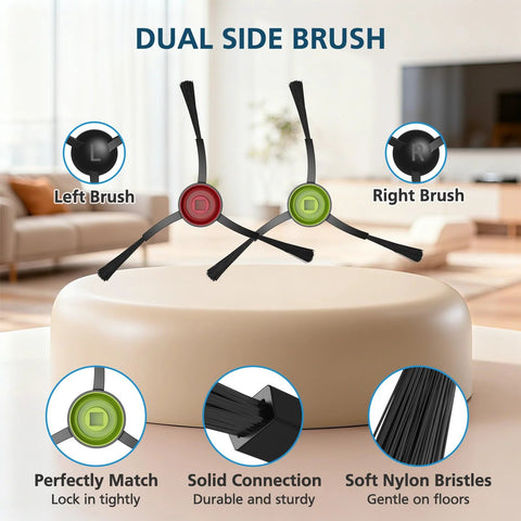 Replacement Parts Kit For G8000 Max And L8000 Pro Robot Vacuums Includes 2 Main Brushes 6 Side Brushes 6 HEPA Filters And 6 Mop Pads Compatible With G8000 Max And L8000 Pro 2025 Version For Easy Maintenance, showing dual side brush components.