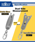 Front and back of Elite Nut And Bolt Size Identifier Keychain Pro Grade SAE And Metric Gauge 8 To 25 Mm And 5/16 To 1 Inch Steel.