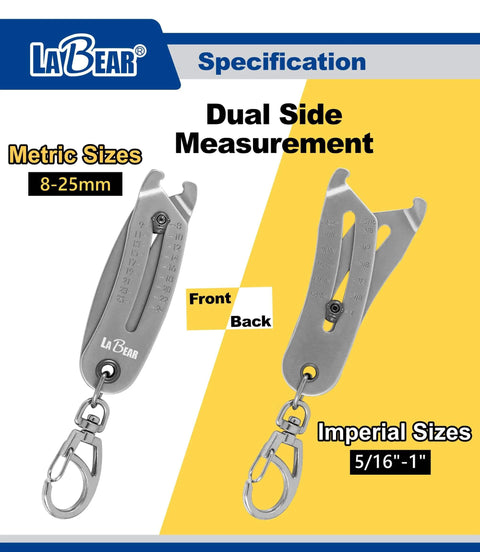 Front and back of Elite Nut And Bolt Size Identifier Keychain Pro Grade SAE And Metric Gauge 8 To 25 Mm And 5/16 To 1 Inch Steel.