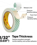 Double Sided Urethane Foam Tape With Super Sticky Acrylic Adhesive For Bonding Attaching And Mounting White 1 Inch By 5 Yard Roll Gap Filling On Textured Or Uneven Surfaces, showing components and tape thickness