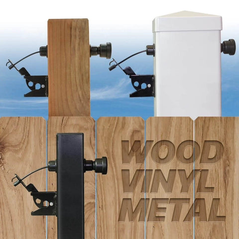 Gate Latch Complete Outdoor gate Latch for Wooden Gates operates from/on Both Sides of Fence shown on wood, vinyl, metal posts