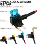 16 Pack Fuse Tap Kit For Cars Trucks Boats With Dual Slot Fuse Holder showing Micro2, Mini, and Standard taps