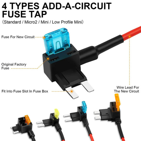 16 Pack Fuse Tap Kit For Cars Trucks Boats With Dual Slot Fuse Holder showing Micro2, Mini, and Standard taps