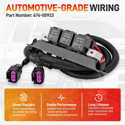 Dual Speed Electric Fan Control Wiring Harness Kit With Relay For GM Trucks And SUVs 1999 To 2007 shown with plugs and relay