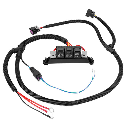Dual Speed Electric Fan Control Wiring Harness Kit With Relay For GM Trucks And SUVs 1999 To 2007 Retrofit Stand Alone Fan Wire Fits 34 Inch Radiator Cores Silverado Suburban Avalanche Escalade GMC Sierra Yukon, coiled wires and relays visible