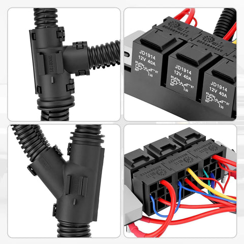 Dual Speed Electric Fan Control Wiring Harness Kit With Relay For GM Trucks And SUVs 1999 To 2007 shown with connectors