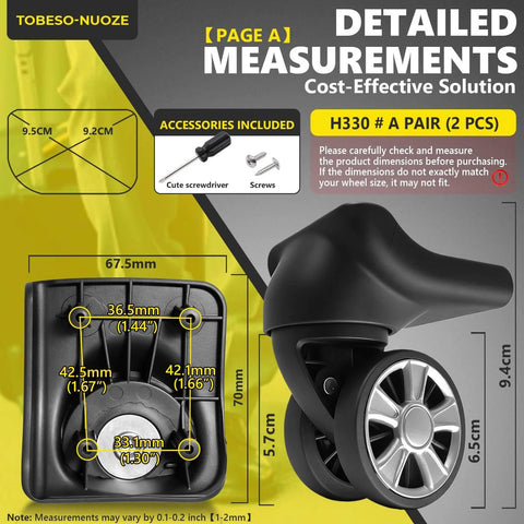 Detailed measurements for Dual Spinner Luggage Wheels Replacement Kit for Suitcase with Left and Right Silver Casters.