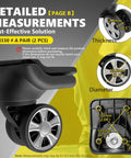 Detailed measurements of Dual Spinner Luggage Wheels Replacement Kit for Suitcase with Left and Right Silver Casters.