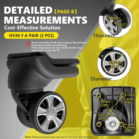 Detailed measurements of Dual Spinner Luggage Wheels Replacement Kit for Suitcase with Left and Right Silver Casters.