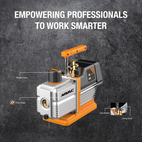 Image of Pro Grade Navac NP5DP HVAC Vacuum Pump With Dual Stage AC Motor, featuring 5 CFM flow, 15 microns vacuum, and essential accessories.