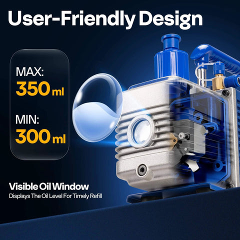 Close-up of VIVOHOME 5 CFM 1/2 HP 2 Stage HVAC Vacuum Pump with visible oil window, user-friendly design focus.