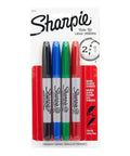 Dual-tip permanent markers in a four-pack deliver precise fine lines and broad strokes in red, blue, green, and black.