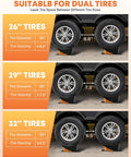 Heavy Duty RV Leveling Blocks Five Inch For Trailers Up To Fifty Thousand Pounds With Curved Camper Levelers Anti Slip Joint System Wheel Chocks Rubber Mats And Carry Bag Orange, showing dual tire compatibility with tire sizes 26, 29, and 32 inches.