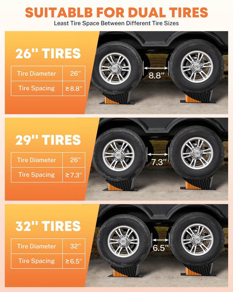 Heavy Duty RV Leveling Blocks Five Inch For Trailers Up To Fifty Thousand Pounds With Curved Camper Levelers Anti Slip Joint System Wheel Chocks Rubber Mats And Carry Bag Orange, showing dual tire compatibility with tire sizes 26, 29, and 32 inches.