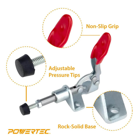 Dual Toggle Clamp 100 Lb Quick Release Push Pull Clamp For Woodworking Jigs Pocket Hole Jigs Welding Crosscut Sled CNC, shown with red handles.