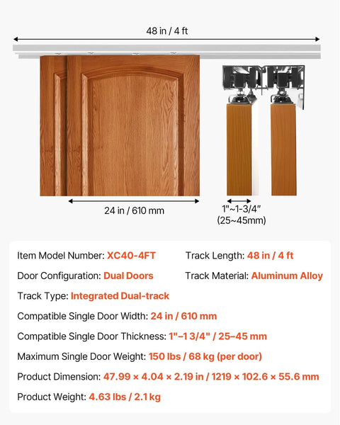 Bypass Sliding Door Hardware Kit For Closet Aluminum Dual Track System shown with wooden doors, designed for 24-inch doors.
