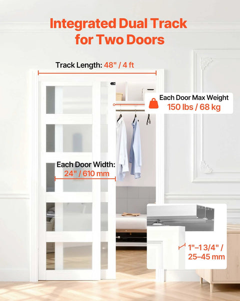 Bypass Sliding Door Hardware Kit For Closet Aluminum Dual Track System installed with labeled dimensions and weights