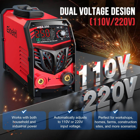 Beefy 250 Amp Stick Welder With Dual Voltage 110V And 220V Auto Switching, LED Display, red welder front view with voltage design