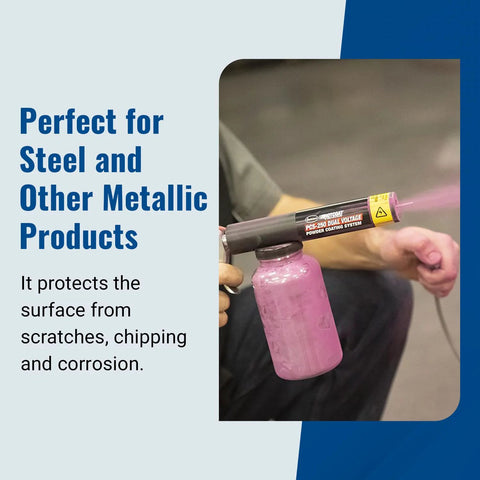 Dual Voltage Powder Coating System With Minimal Overspray And A Larger Ground Clamp For Home Hobbyists Powder Coating Machine With Clear Bottle in use