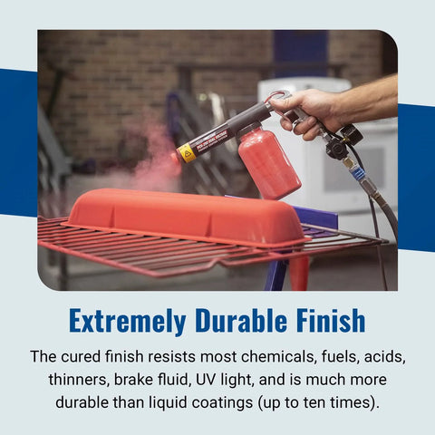 Dual Voltage Powder Coating System With Minimal Overspray And A Larger Ground Clamp For Home Hobbyists in use, red object being coated