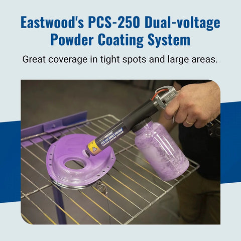 Dual Voltage Powder Coating System With Minimal Overspray and a Larger Ground Clamp in use on metal part with clear bottle