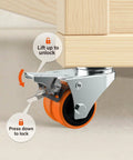 Two Wheel Casters Set Of Four Heavy Duty 2 Inch Orange TPE With Brake Double Wheel Swivel Plate Locking Castor Wheels installed on furniture