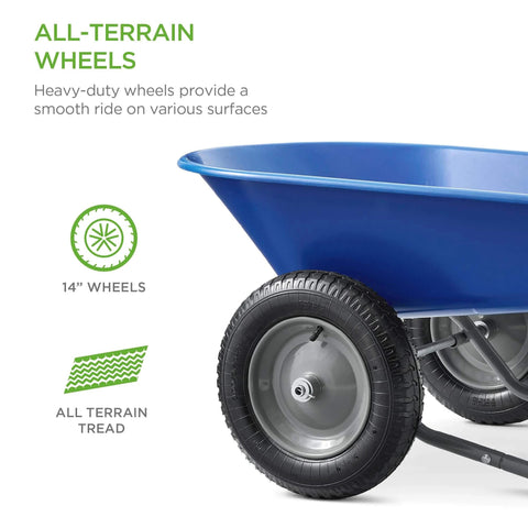 Close-up of Dual Wheel Home Utility Yard Wheelbarrow Garden Cart with Built In Stand 5 Cubic Foot Capacity 330 lb Load Blue showing wheels.