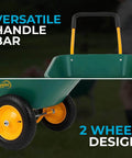 Close-up of Dual Wheel Home Utility Yard Wheelbarrow Garden Cart with Built In Stand, showing handle and two-wheel design.