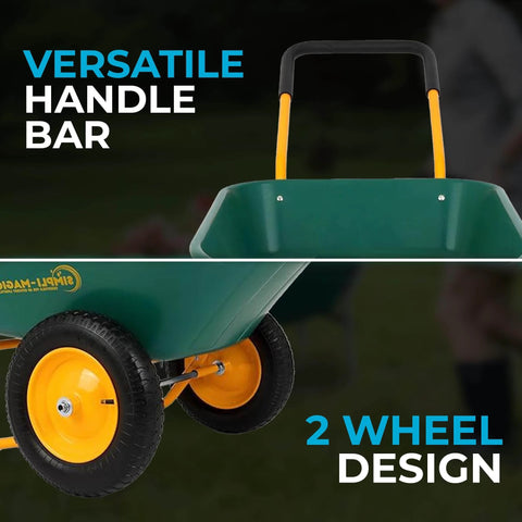 Close-up of Dual Wheel Home Utility Yard Wheelbarrow Garden Cart with Built In Stand, showing handle and two-wheel design.