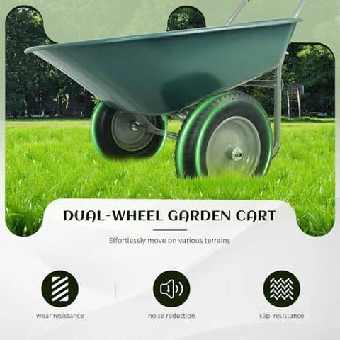 Heavy Duty Dual Wheel Garden Wheelbarrow Cart with Built In Stand on grass showing wheels and features
