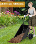 Person using Dual Wheel Wheelbarrow 330 LB Utility Garden Cart with 10 Inch Pneumatic Tires for soil transport in garden.