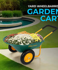Dual Wheel Home Utility Yard Wheelbarrow Garden Cart with Built In Stand on lawn with colorful flowers