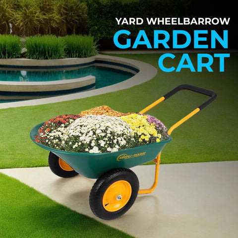 Dual Wheel Home Utility Yard Wheelbarrow Garden Cart with Built In Stand on lawn with colorful flowers