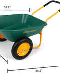 Dual Wheel Home Utility Yard Wheelbarrow Garden Cart with Built In Stand, green tub, yellow frame, measurement dimensions shown