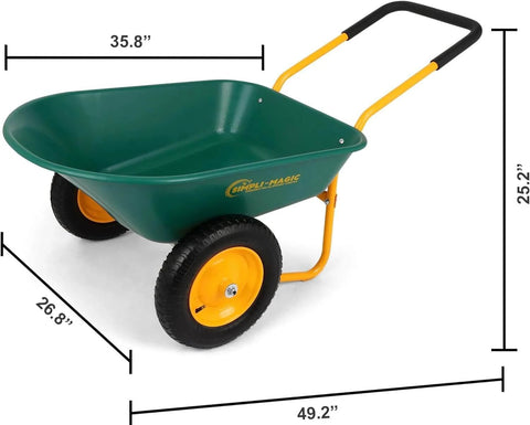 Dual Wheel Home Utility Yard Wheelbarrow Garden Cart with Built In Stand, green tub, yellow frame, measurement dimensions shown