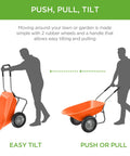 Dual Wheel Home Utility Yard Wheelbarrow Garden Cart with Built In Stand 5 Cubic Foot Capacity 330 lb Load Orange use illustration
