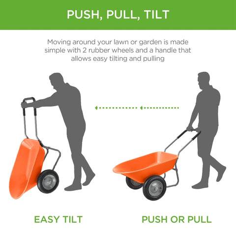 Dual Wheel Home Utility Yard Wheelbarrow Garden Cart with Built In Stand 5 Cubic Foot Capacity 330 lb Load Orange use illustration