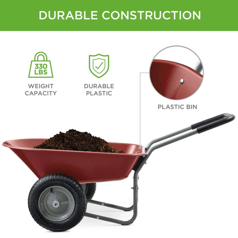 Dual Wheel Home Utility Yard Wheelbarrow Garden Cart with Built In Stand 5 Cubic Foot Capacity 330 lb Load Red for Lawn Gardening Landscaping