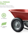 Dual Wheel Home Utility Yard Wheelbarrow Garden Cart with Built In Stand 5 Cubic Foot Capacity 330 lb Load Red side view with wheels