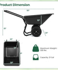 Dual Wheel Wheelbarrow 330 LB Utility Garden Cart with 10 Inch Pneumatic Tires shown with product dimensions and 21-gallon capacity